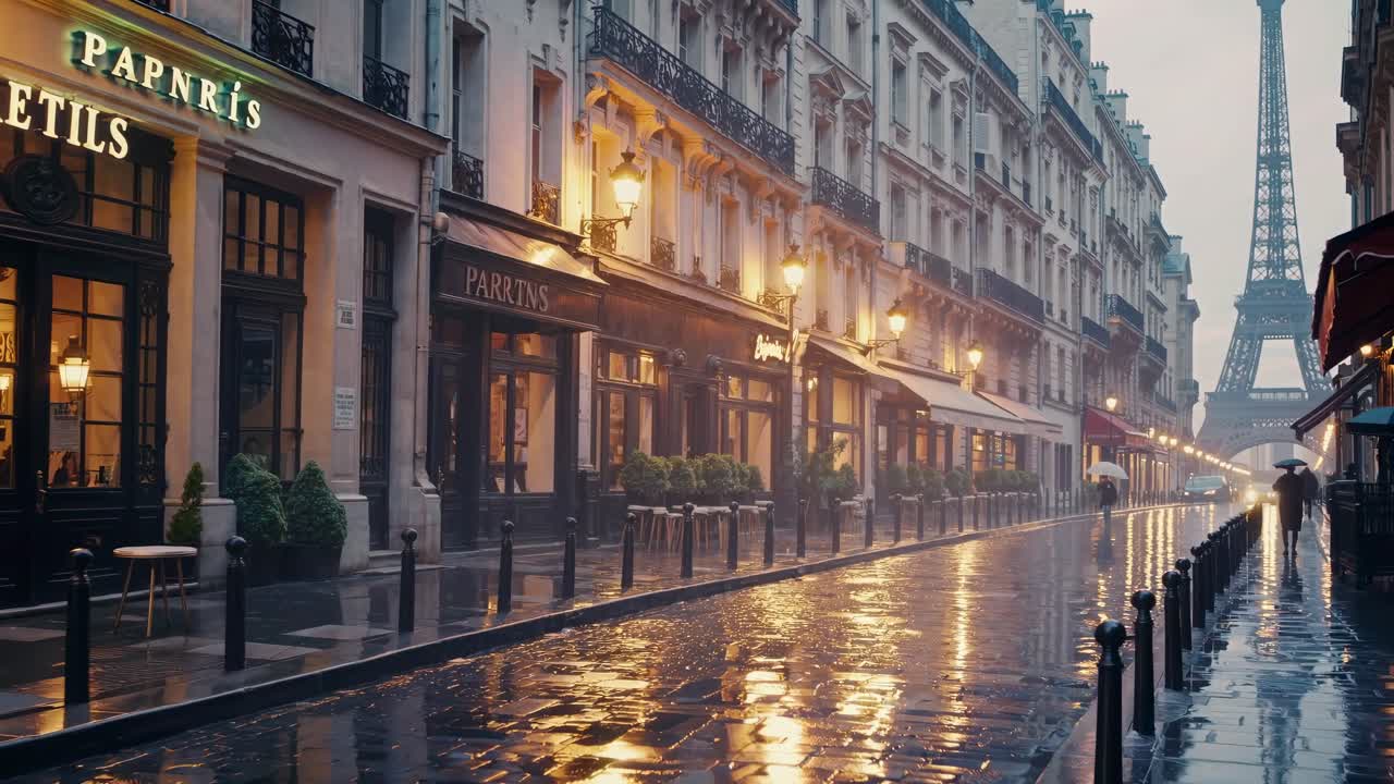 A cinematic street view in Paris with wet cobblestones, warm lights, and the Eiffel Tower