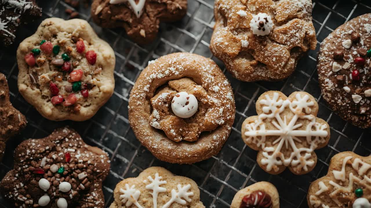 Shifting camera focusing on sugar-spice cookies on metal cooling rack, showcasing textures