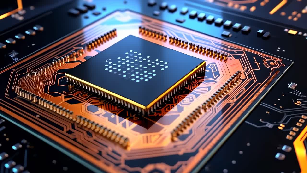Nærbillede, vinklet visning af en glødende mikrochip på et printplade, der fremhæver futuristisk teknologi