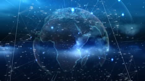 animation of globe with shapes over blue background