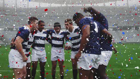 animation of confetti over male rugby players during match at stadium