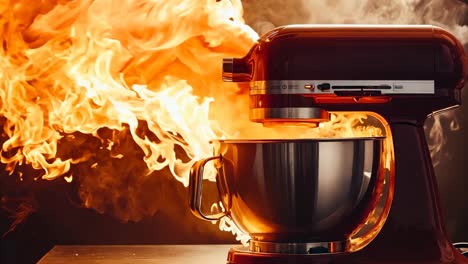 a red kitchenaid mixer with flames coming out of it