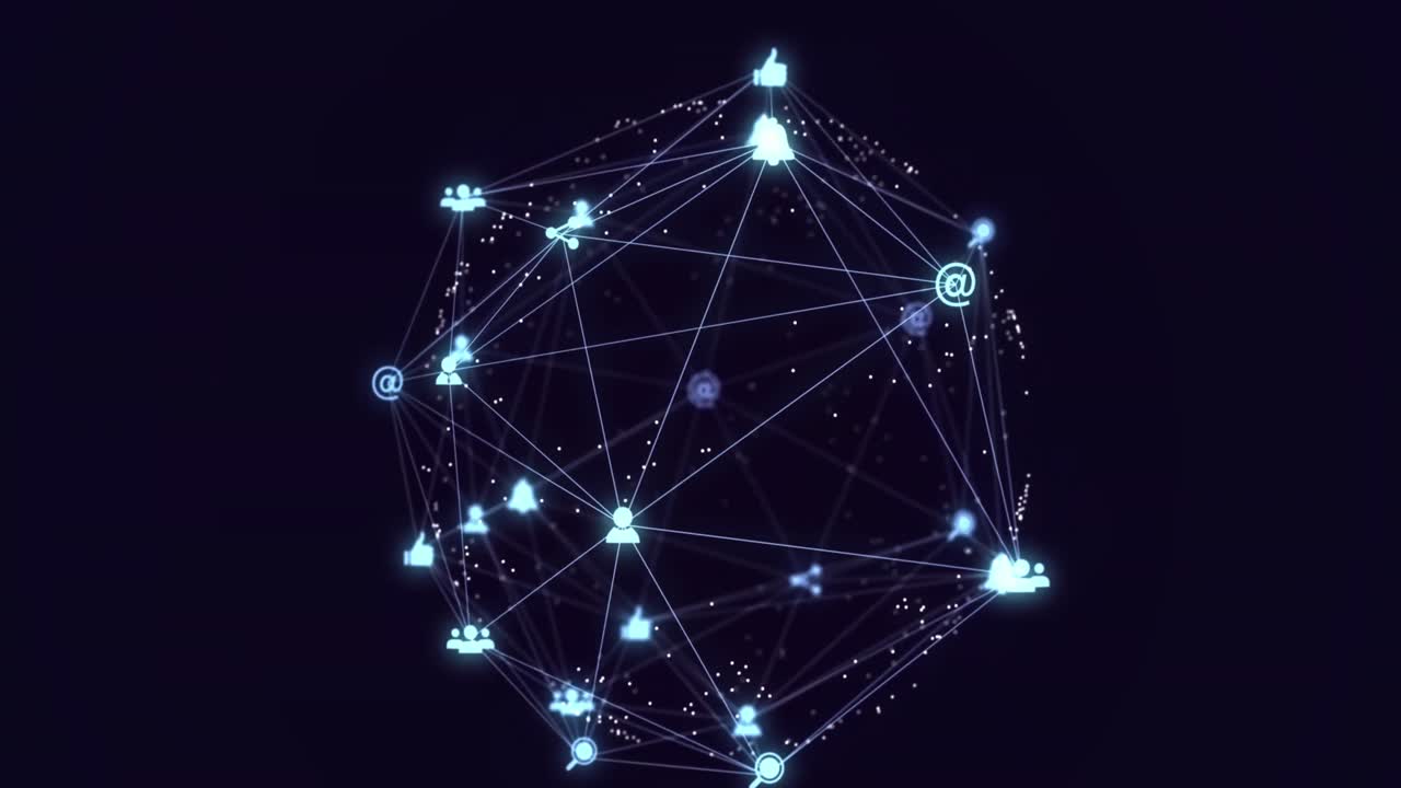 animación de un globo de iconos digitales brillantes que giran contra un fondo azul.