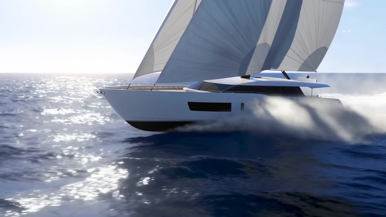 Vista di tre quarti anteriore di un moderno yacht a vela bianco a vele spiegate che solca l'oceano aperto, con la prua che sposta l'acqua in densi spruzzi a dritta e una scia schiumosa che si attenua in nebbia lungo lo scafo