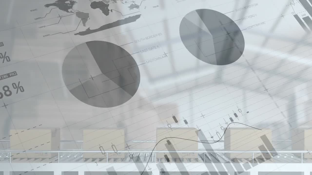 창고에서 컨베이어 벨트에 있는 카드보드 상자 위에서 통계 처리의 애니메이션