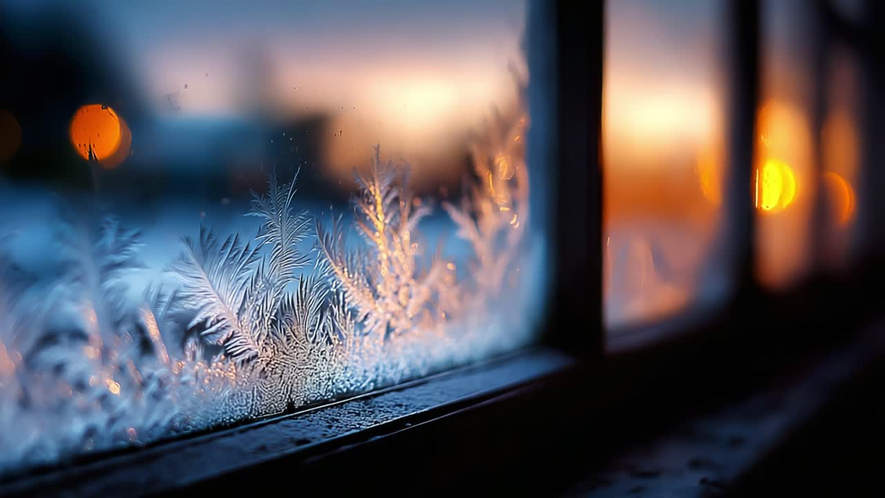 Beautiful Frost Patterns on a Windowpane at Dusk, Capturing the Intricacies of Nature's Artwork as the Evening Sun Sets and Illuminates the Icy Details