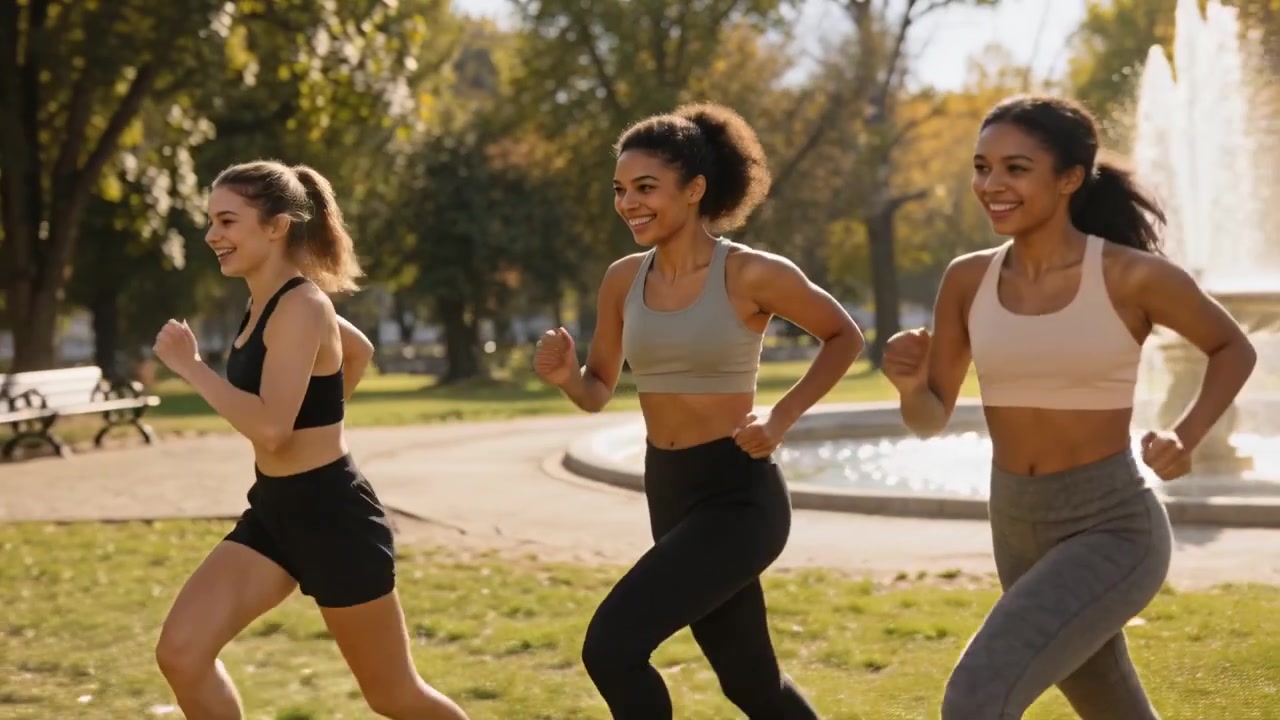 Tre donne adulte che corrono e si allenano insieme, mantenendo il passo in un parco con fontana, indossando reggiseni sportivi.