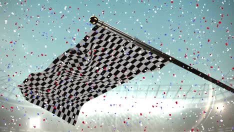 Digital-composite-video-of-multi-colored-confetti-falling-against-racing-track-flag-waving