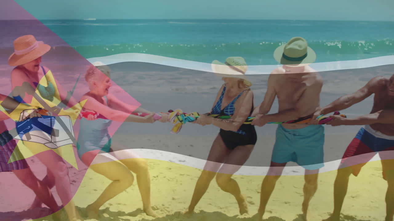 Playing tug-of-war on beach, people pulling rope with colorful flag animation