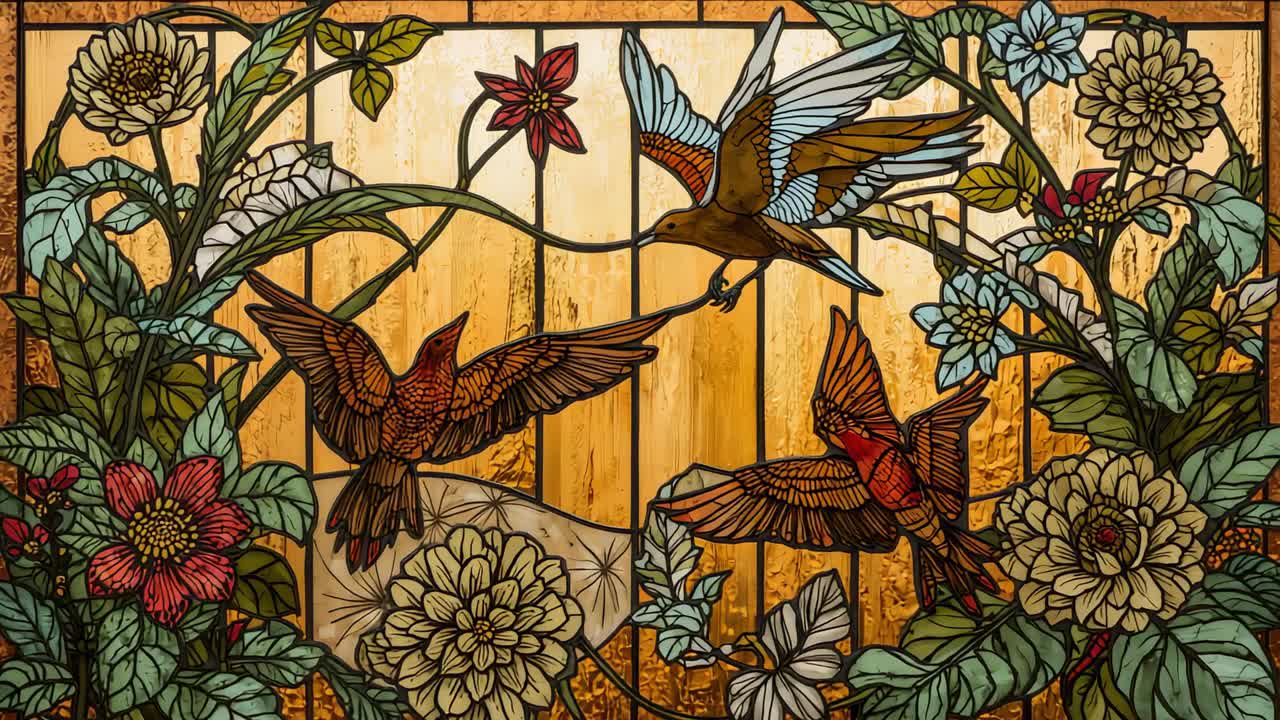 Camera revealing stained glass panel in chapel, featuring three stylized birds and flowery vines