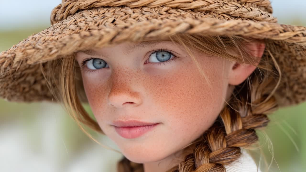 Um close-up cativante de uma jovem garota com olhos azuis brilhantes e um chapéu de palha elegante, exalando uma expressão charmosa em um ambiente natural ao ar livre.