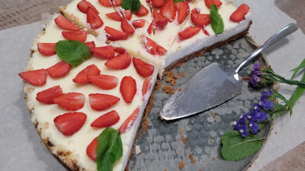 vista superior de un pastel de queso casero fresco con fresas y menta en una bandeja de metal, 4k