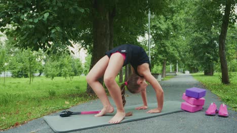 a young girl practicing yoga poses in a lush green park: focused on flexibility and balance while surrounded by nature's beauty