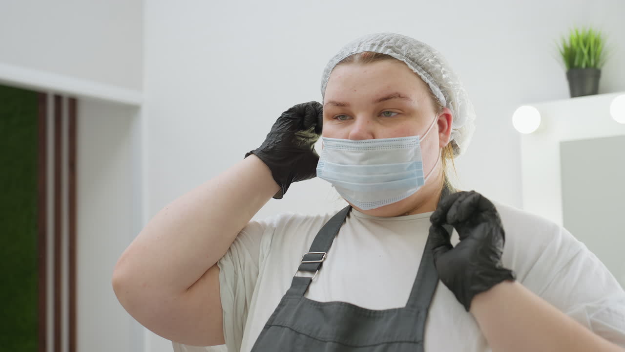 Beautician wearing disposable shower cap and black gloves adjusts medical mask in clean, well-lit salon with blurred background including indoor plant and mirror with lights