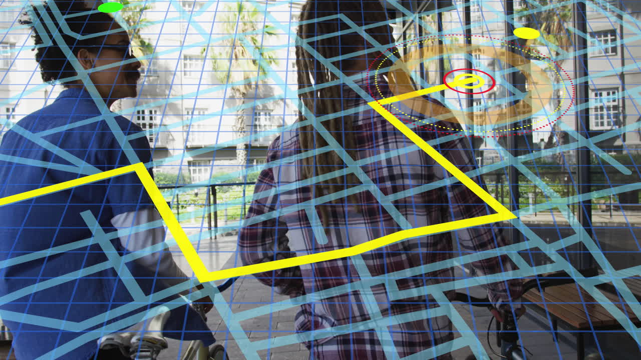 animación del mapa de la ciudad sobre diversas personas caminando con bicicletas