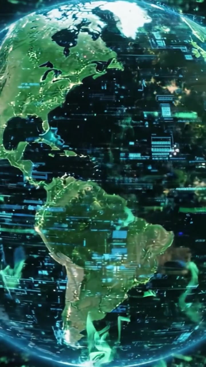 A Stunning Visualization of Earth Showcasing Diverse Continents in a Digital Realm, Merging Natural Landscapes with Futuristic Technology Elements
