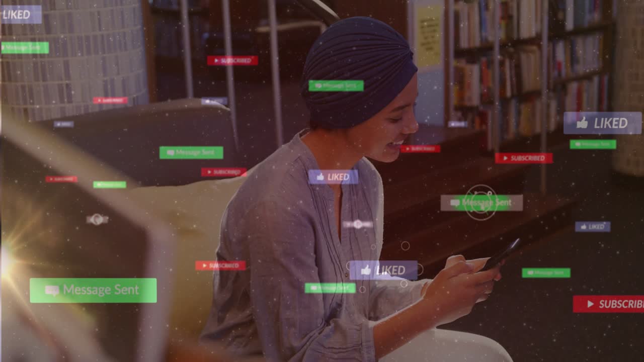 Woman tapping phone in library, reading messages and causing animated social badges floating around