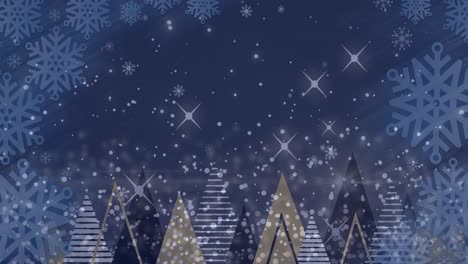Animation-of-snow-falling-over-christmas-trees-and-stars-in-winter-scenery