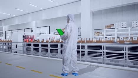 Full Body Back View Of Asian Male Scientist Use Green Screen Tablet While Standing With Conveyor for Packaging Coffee Beans in Bags at Coffee Factory
