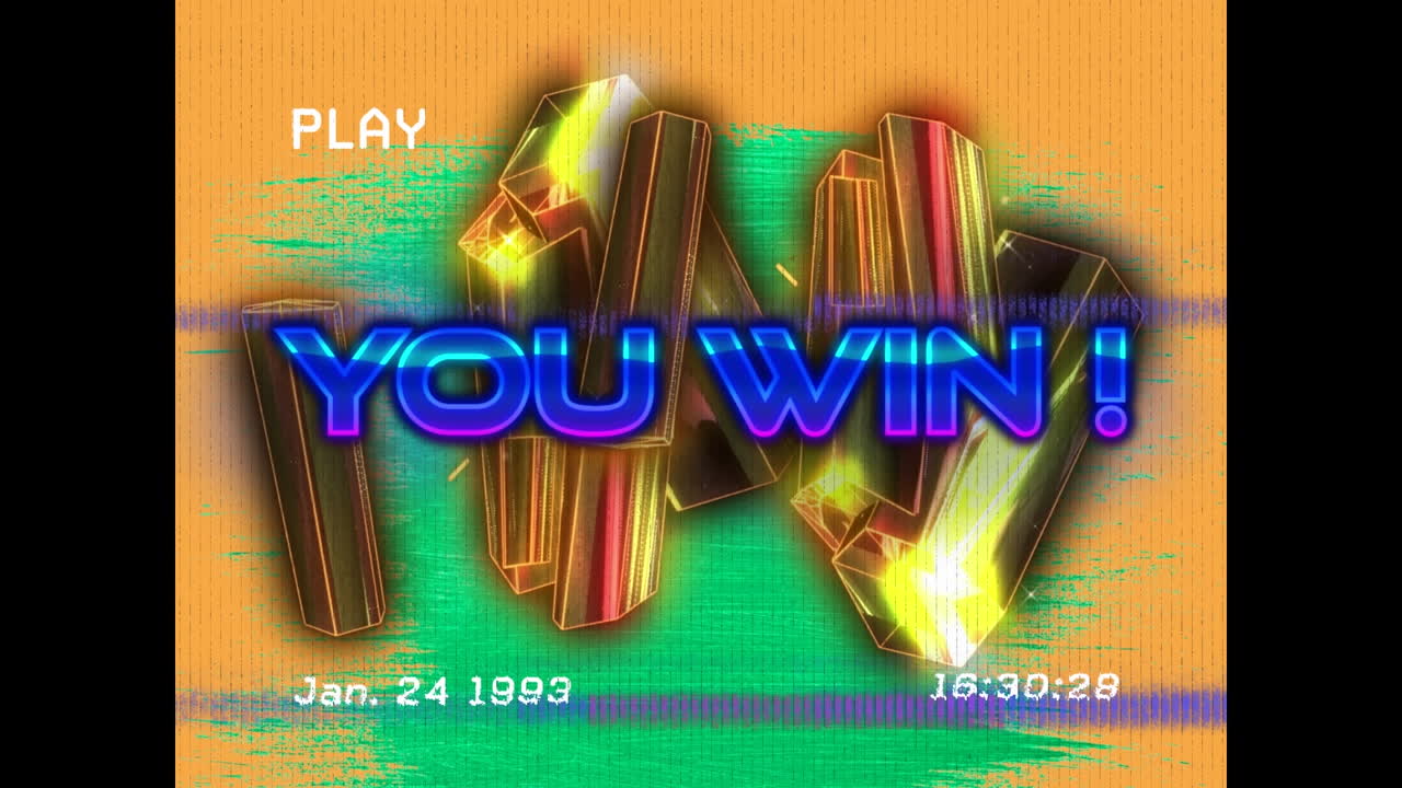 animación de la pantalla de juego con azul usted gana texto y grupo de formas metálicas en naranja