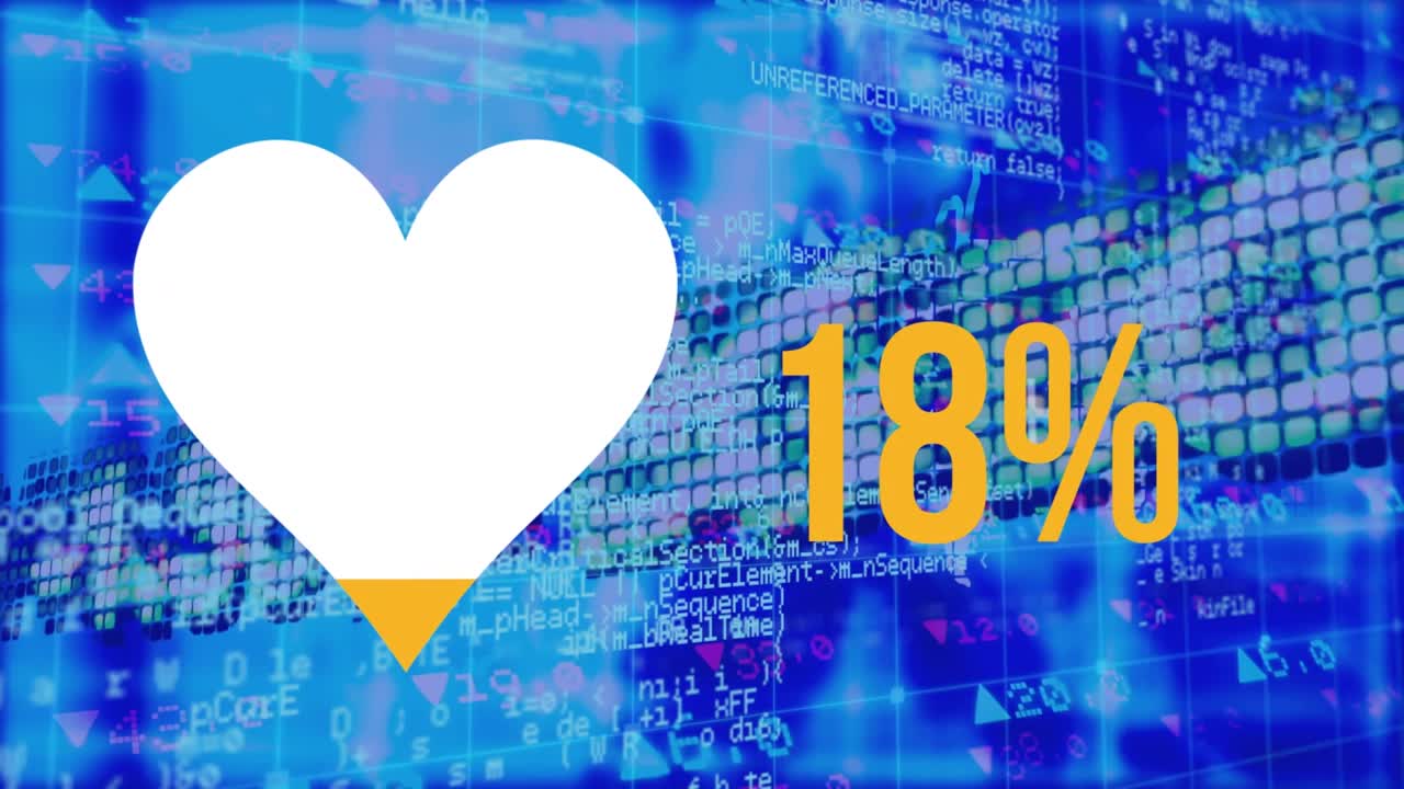 Animazione di elaborazione dati e cuore su sfondo blu