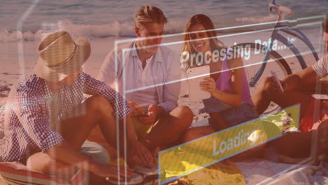 animation of data processing on screen over friends on beach using electronic devices