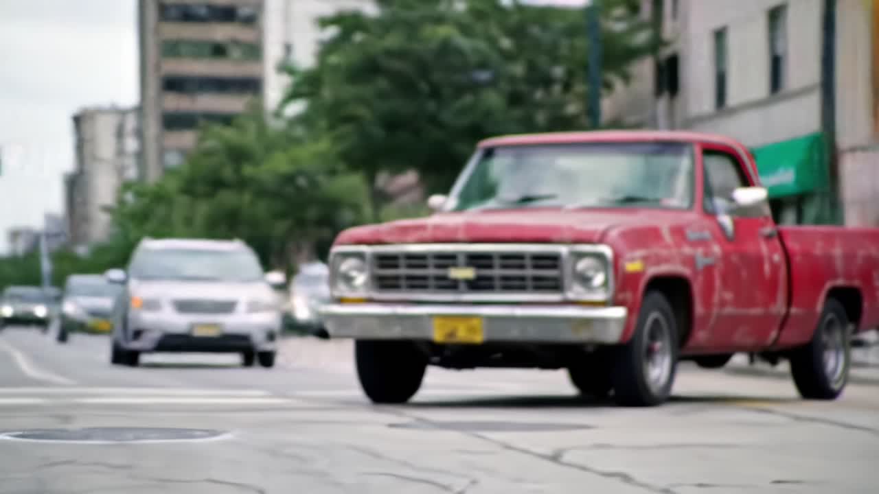 Classic Red Pickup Truck Navigates Urban Streets: A Glimpse into Everyday Urban Life Captured on Camera, Showcasing Iconic Vehicle Style and Local Environment