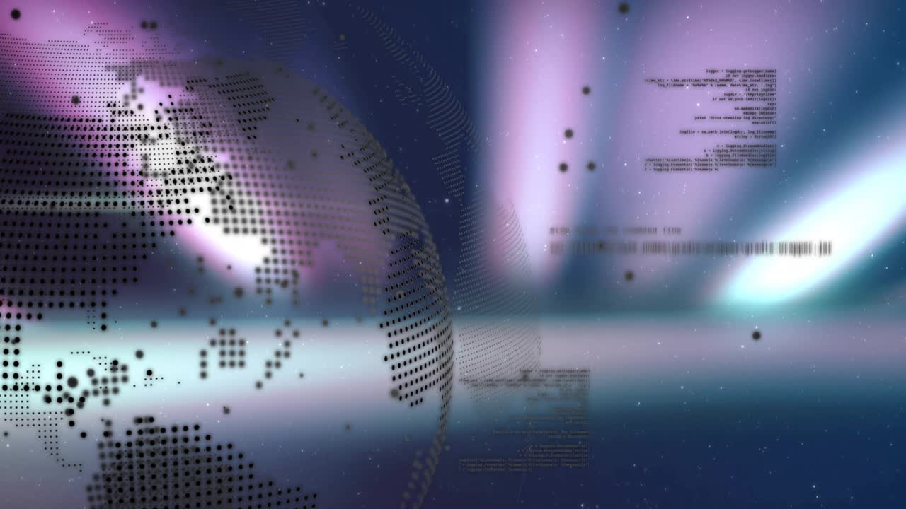 All'inizio, un globo punteggiato rotante rivela continenti con raggi pulsanti e codice che mostra dati.