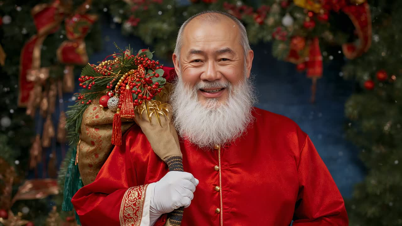 Posing senior Asian man red robe gloves moving as cam starting studio portrait holding trimmed sack