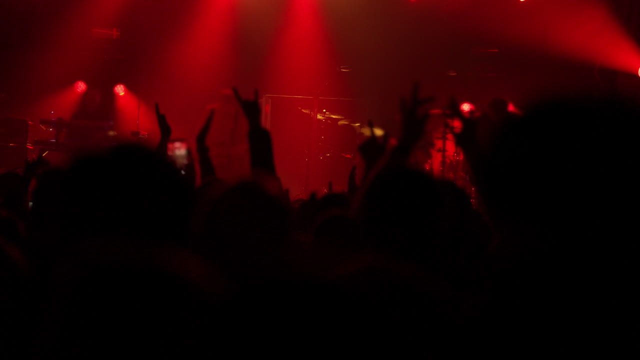 Sagome di persone con le mani alzate a un concerto illuminato di rosso
