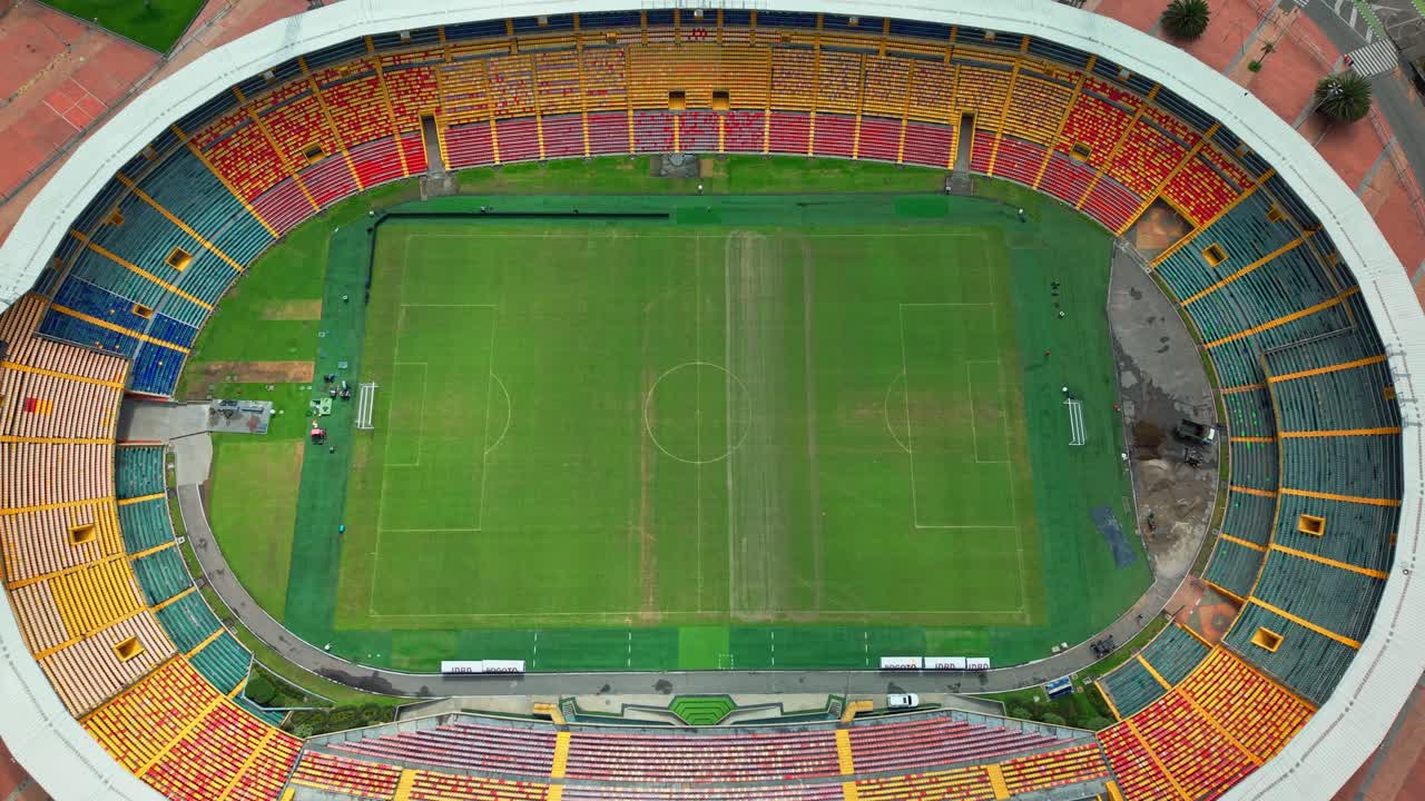 View of dolly in the empty El Campin stadium and making arrangements on a sunny day in Bogota, Colombia.