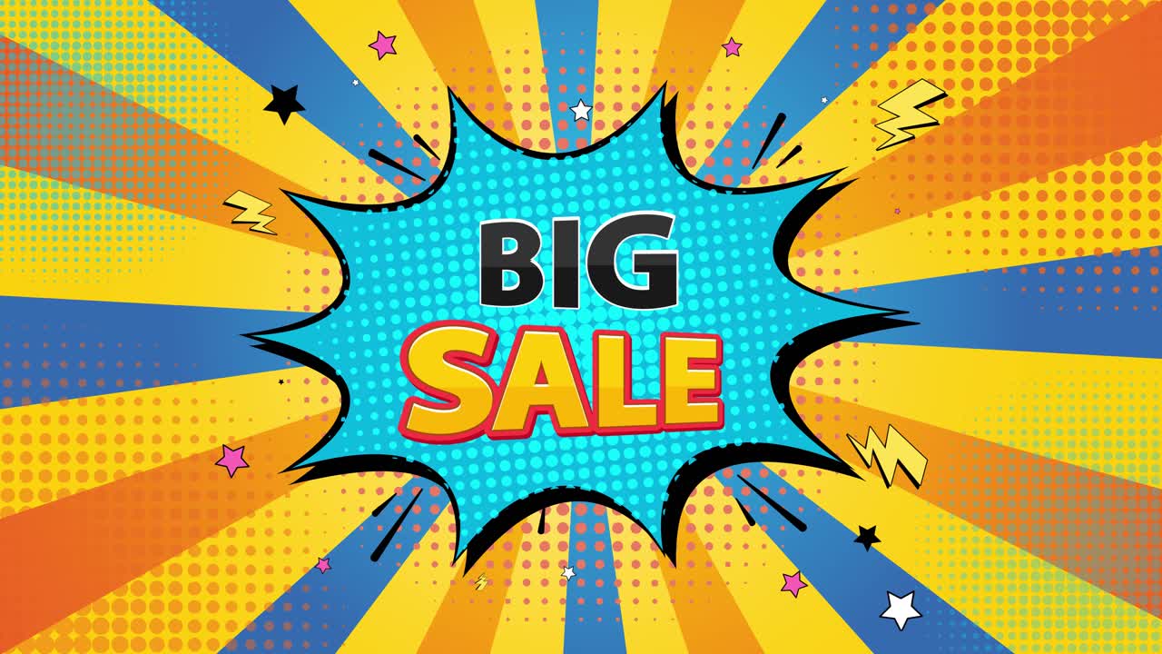 una explosión de cómics animados anunciando una gran venta.