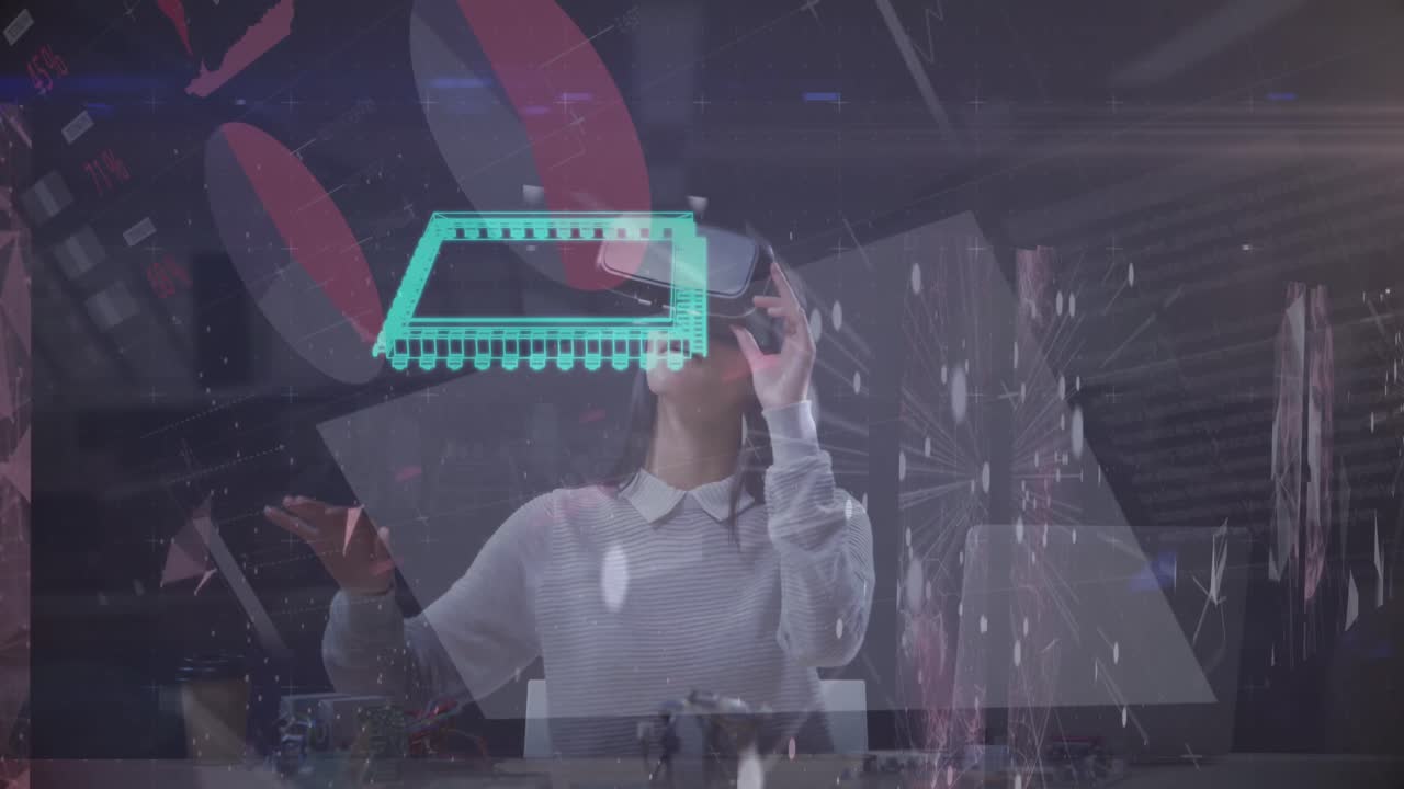 vr 헤드을 사용하는 여성에 대한 데이터 처리의 애니메이션