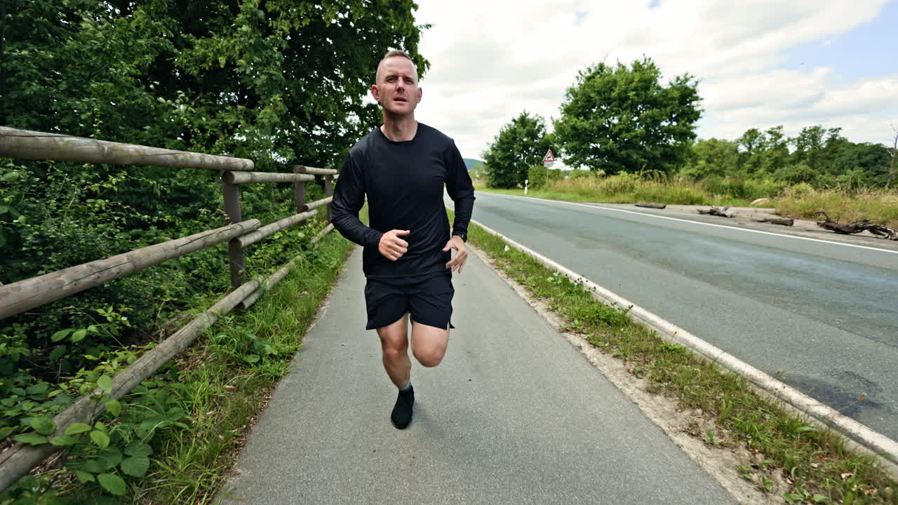 Allenamento maschile, training cardio e corridore sul sentiero al mattino. Uomo che fa jogging mattutino fuori città. Stile di vita sano. Allenamento cardio per uomini. Uomo in maglietta e pantaloncini neri.