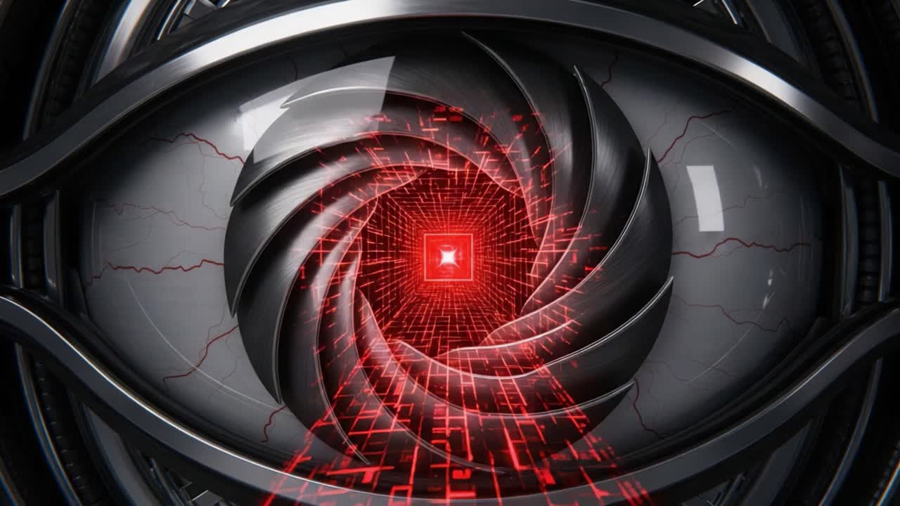 A Futuristic Cybernetic Eye Capturing Data Through a Spiraling Lens with Pulsating Red Light and Intricate Digital Patterns in a High-Tech Environment