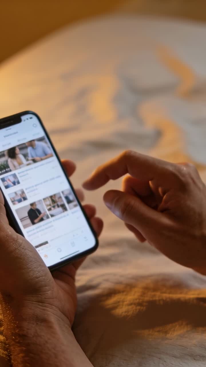Vertical video: Scrolling phone on bed, right finger hovering and tapping tiles selecting content