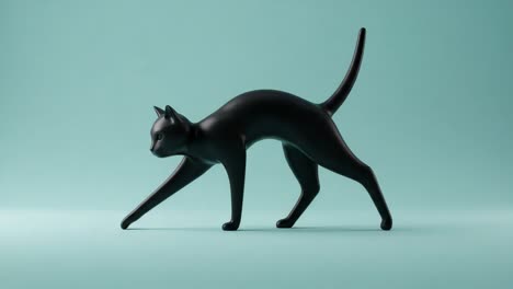 stylized black cat figure walking with a playful stance against a soft turquoise background highlighting its elegant contours and graceful movement