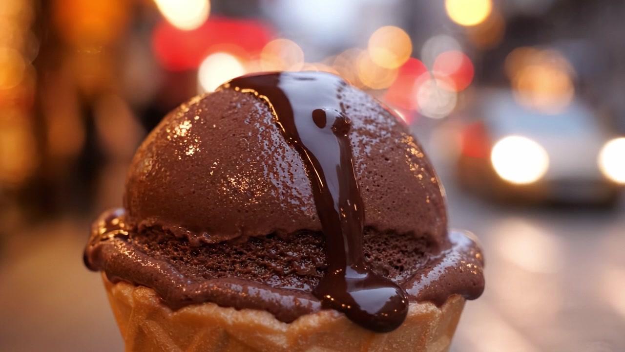 Concediti la deliziosa esperienza di un ricco gelato al cioccolato guarnito con una sontuosa salsa al cioccolato, in un'atmosfera urbana.