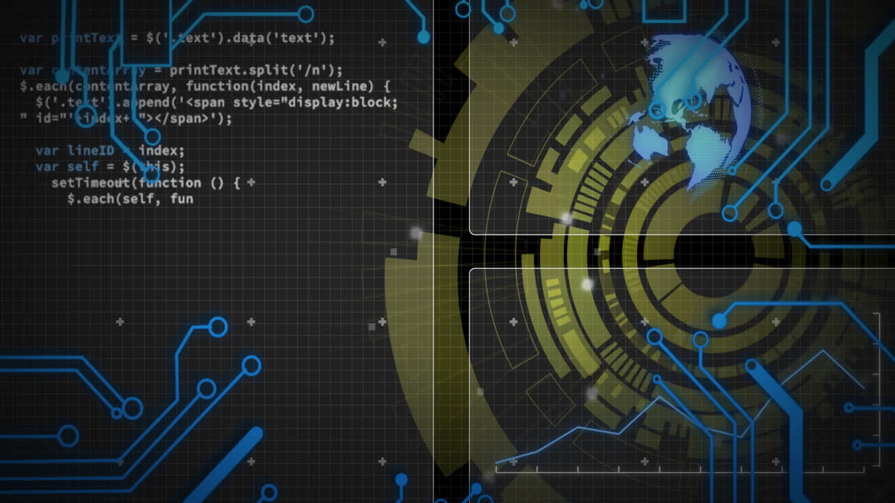Animation of digital globe with circuit patterns and coding text on dark grid