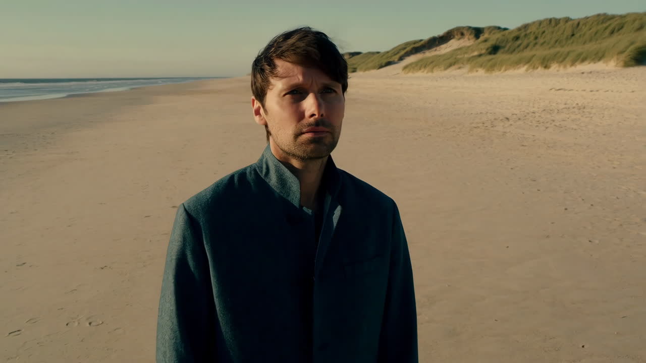 Mand står på en sandstrand med klitter og hav