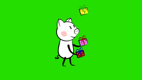 personaje de cerdo haciendo malabarismos con regalos animación