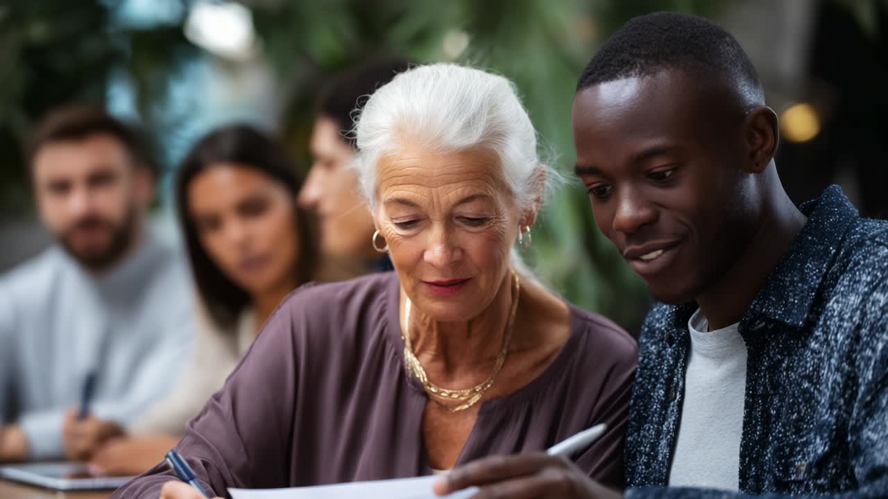 Engaging Generational Dialogue: A Young Man and an Accomplished Older Woman Collaborate on a Writing Project Amidst a Background of Focused Peers in a Bright, Natural Setting