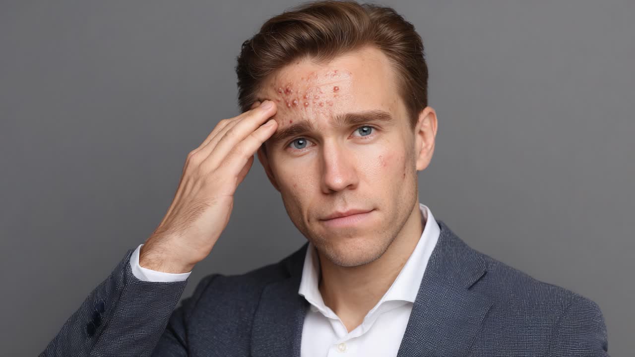 A Man Reflects on His Skin Condition: Exploring Facial Acne in a Professional Setting with a Thoughtful Expression and a Stylish Attire