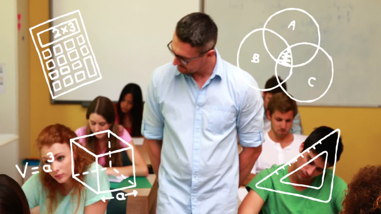 クラスで微笑む白人男性教師の肖像画に対する数学コンセプトアイコンの複合ビデオ