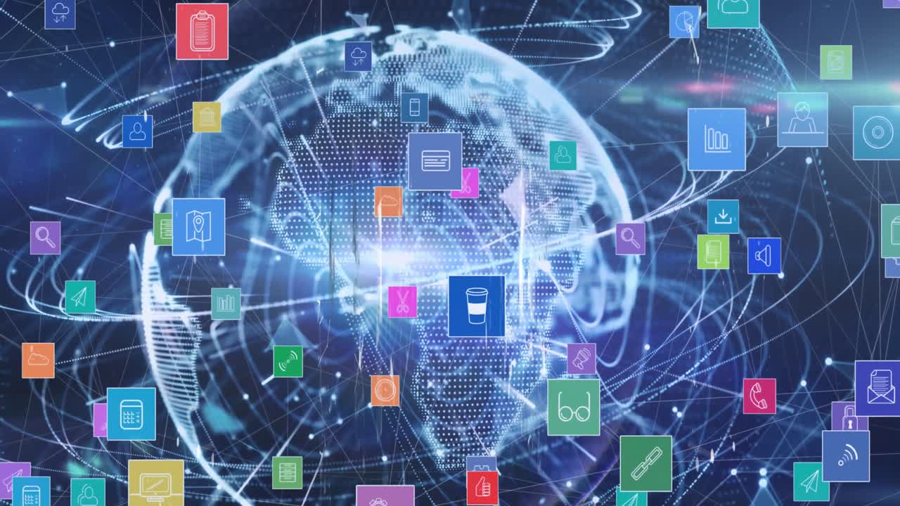 red de múltiples iconos digitales sobre rastros de luz en el globo contra un fondo azul