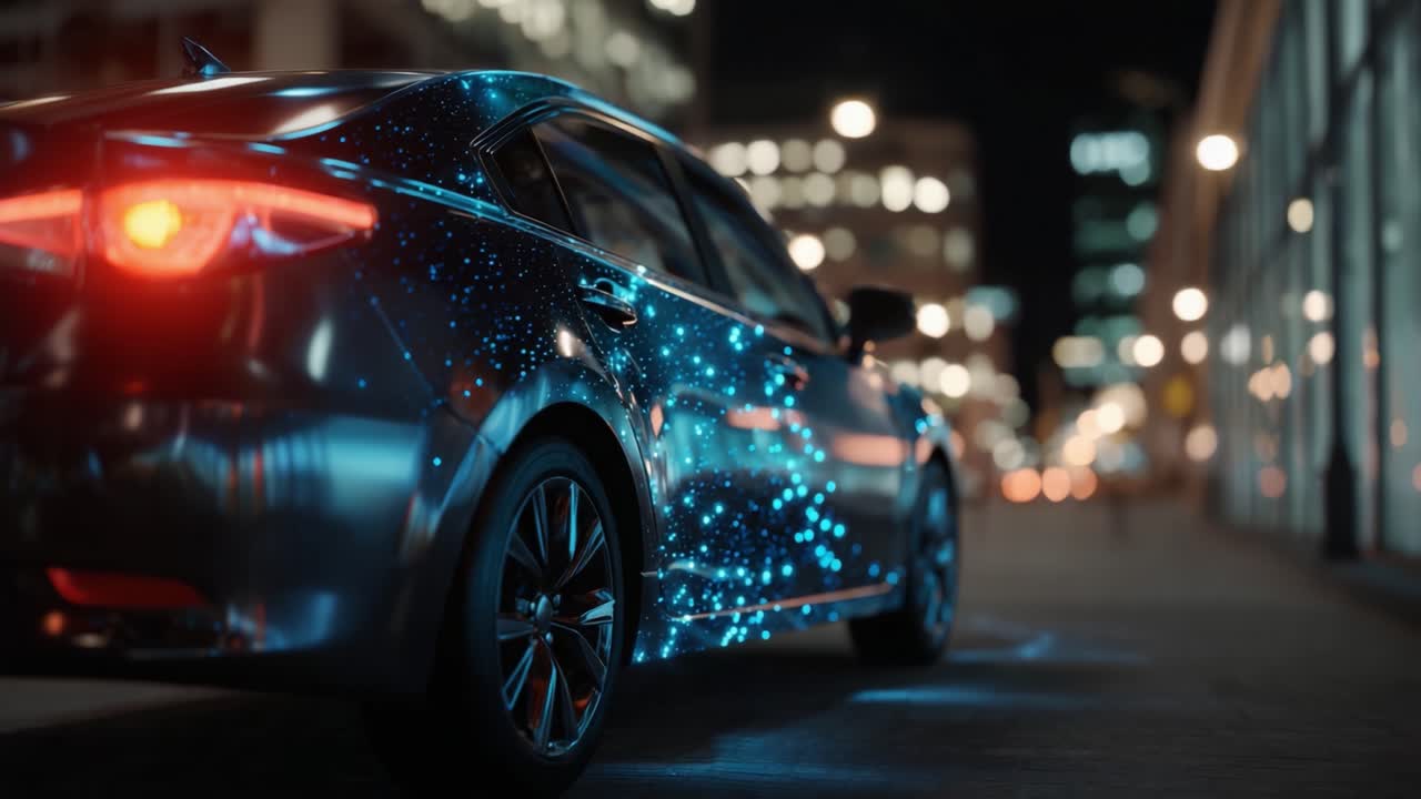 Una scena notturna dinamica e vivace con un'auto futuristica illuminata da abbaglianti luci blu sullo sfondo di uno skyline urbano con luci della città