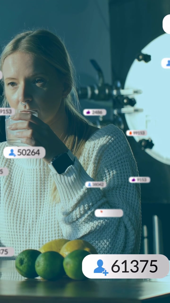 Vertical video: Woman lifting glass as marketing badges rising after tapping table tracking counts