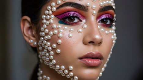 a stunning beauty portrait featuring intricate makeup design with colorful eyeshadow and pearl accents adorning the face, showcasing artistic expression and glamour