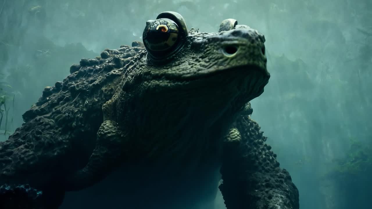 눈이 창한 큰 초록색 개구리가 안개가 은 습지에 앉아 있습니다.