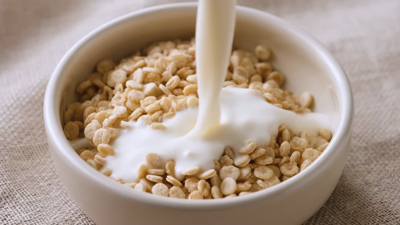 Milk being poured into a bowl of cereal